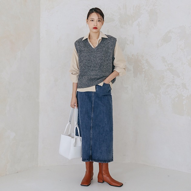 カジュアルデニムスリットスカート 大きいサイズ専門 韓国ファッション通販 Bluepops ブルーポップス
