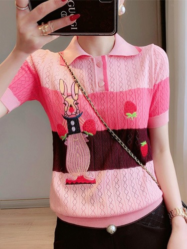 귀여운 핑크토끼 카라 여름 여자 니트반팔티셔츠